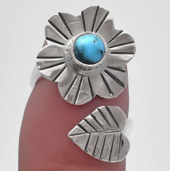 Turquoise Adjustable Flower Ring sz 5.5